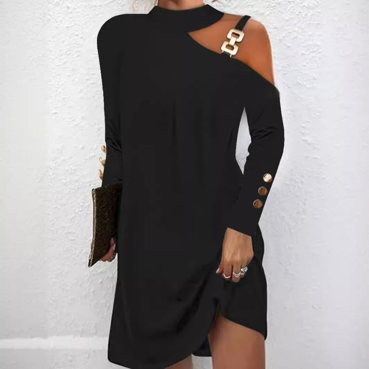 Women nan asymmetrical mini dress with stand collar, cut-out shoulder and decorative chain straps Mune Fashion
