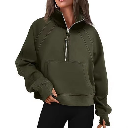 Ladies oversized short pullover with stand-up collar, half zipper and kangaroo pocket Mune Fashion