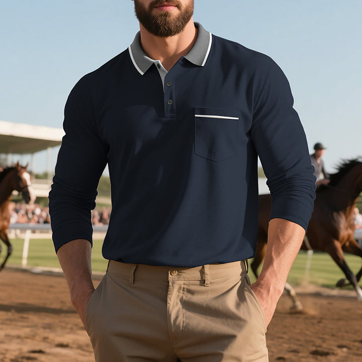 Men's long-sleeved polo shirt with contrast collar, chest pocket, and fine cotton stretch Mune Fashion