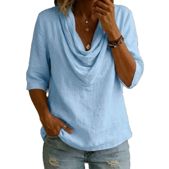 Women's airy linen blouse with draped waterfall collar, loose silhouette, and three-quarter sleeves Mune Fashion