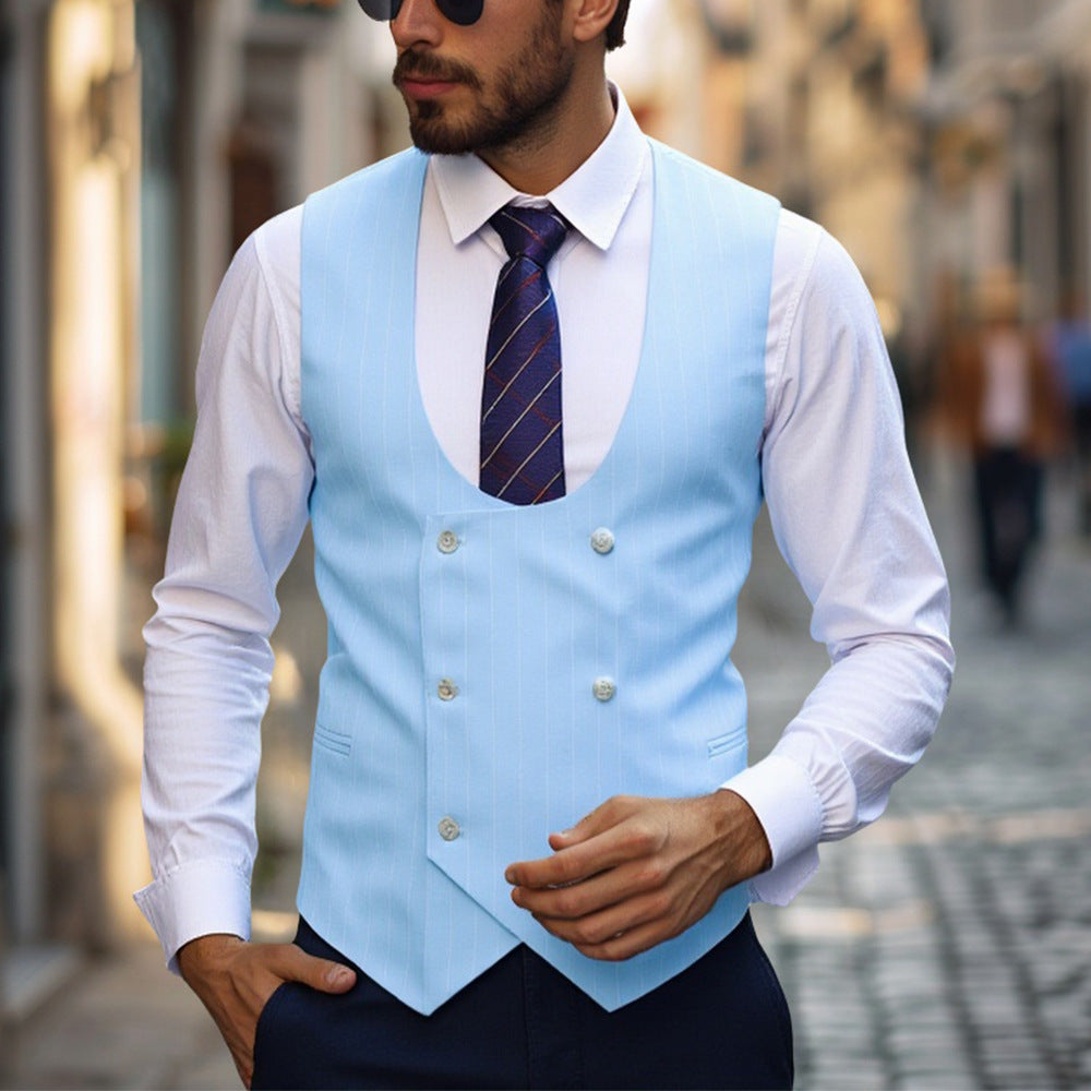 Men's double-button U-neck vest with pinstriped pattern and slim silhouette Mune Fashion