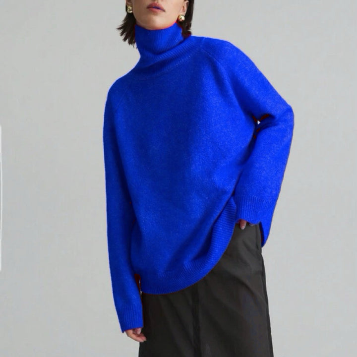 Women's Oversize Turtleneck Fine Knit Sweater with Raglan Sleeves and Side Slits Mune Fashion