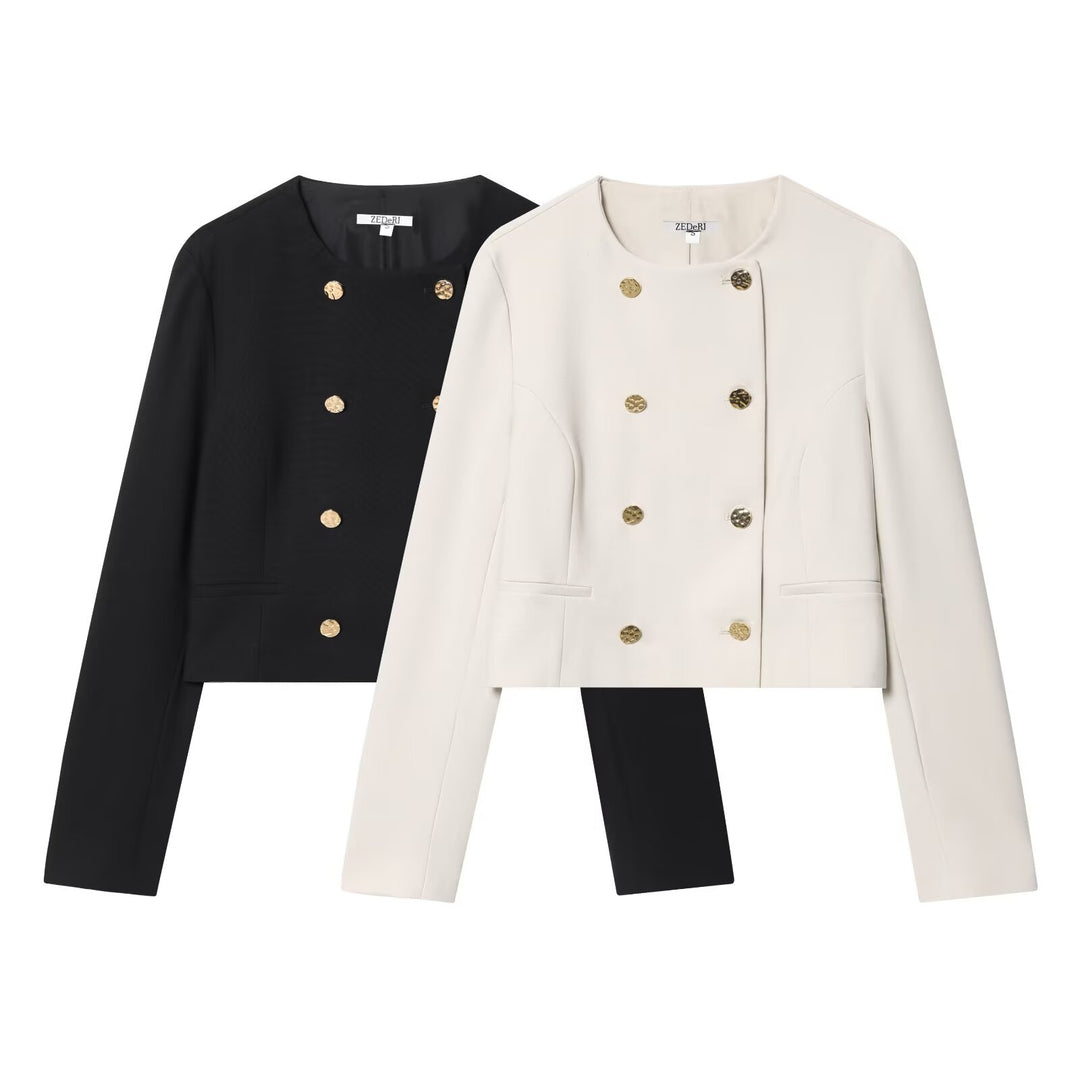 Women Short Double-Breasted Blazer with Round Neck and Decorative Buttons Mune Fashion
