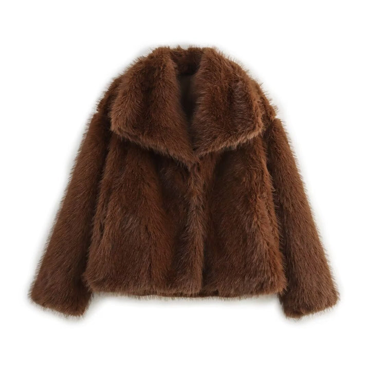 Ladies Short-Cut Faux-Fur Coat with Voluminous Shawl Collar and Straight Cut Mune Fashion
