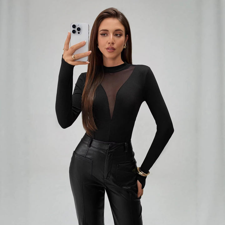 Women's form-fitting long-sleeve bodysuit with transparent mesh inserts, stand-up collar, and high leg cut Mune Fashion