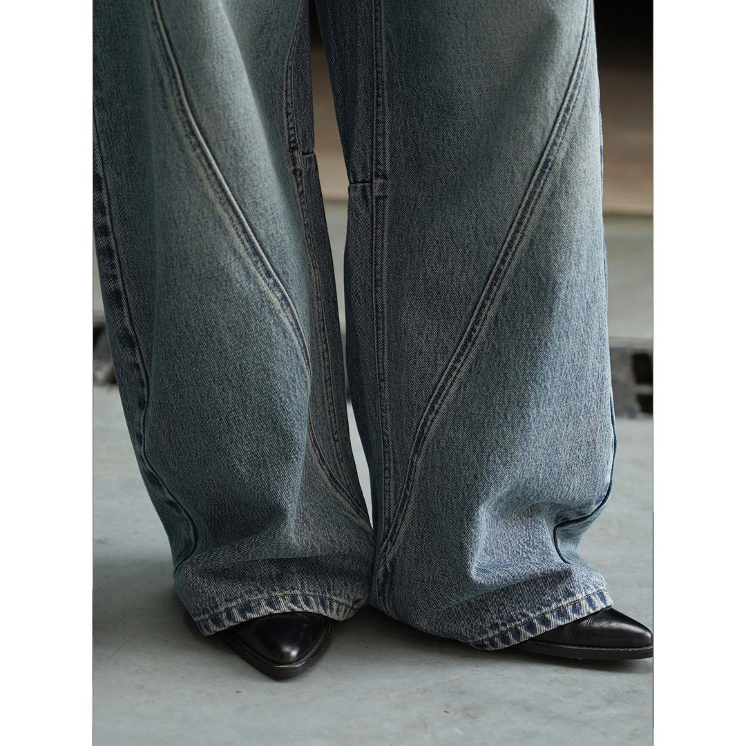 Women's High-Waisted Baggy Denim Pants with Curved Seam Details Mune Fashion