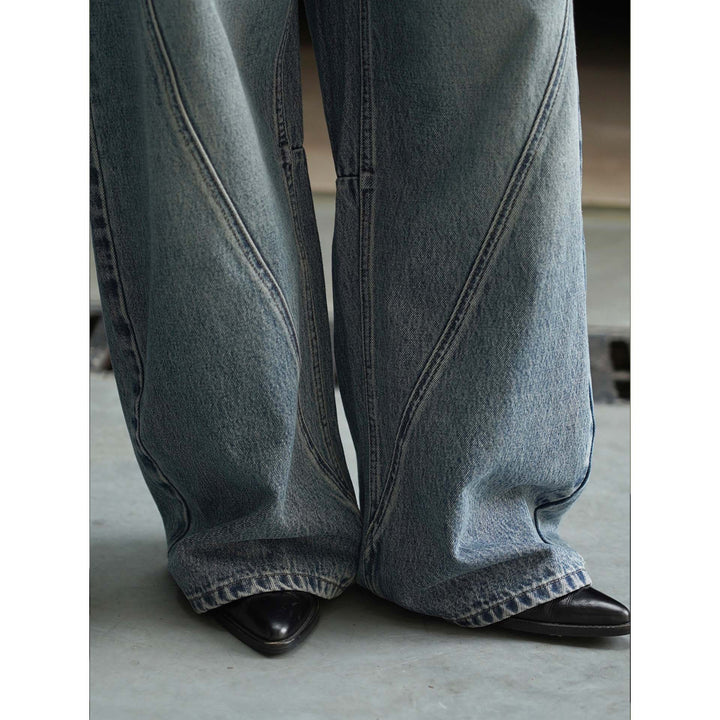 Women's High-Waisted Baggy Denim Pants with Curved Seam Details Mune Fashion