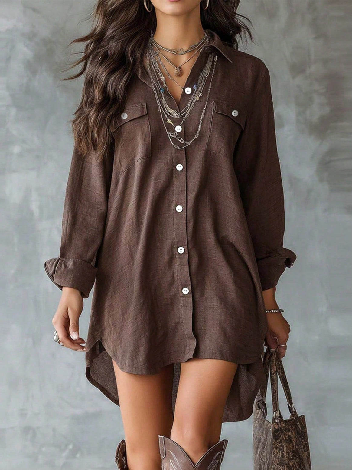 Women Loose Longline Shirt with Chest Pockets and High Hem Mune Fashion