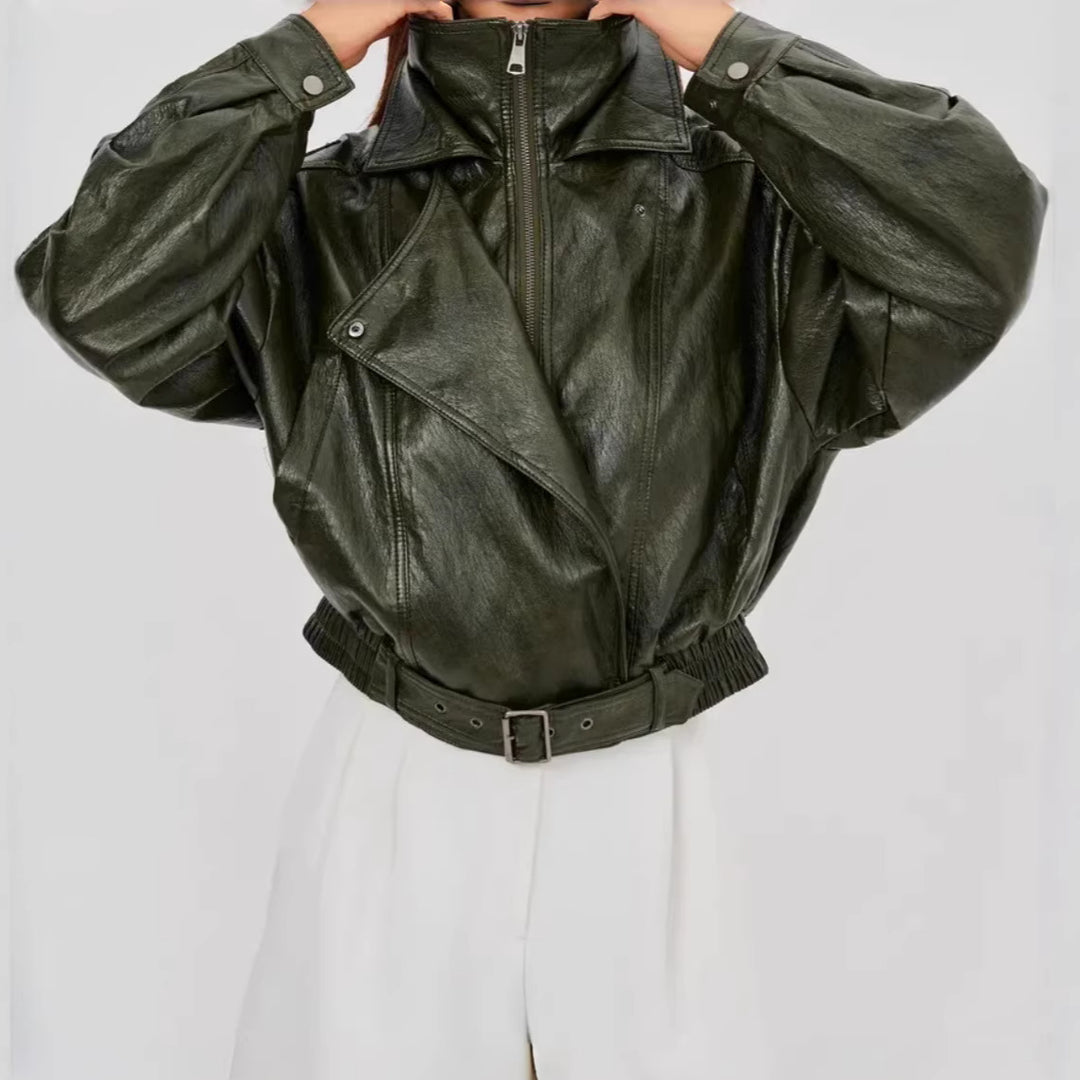 Women's Stylish Leather Jacket with Hip Belt