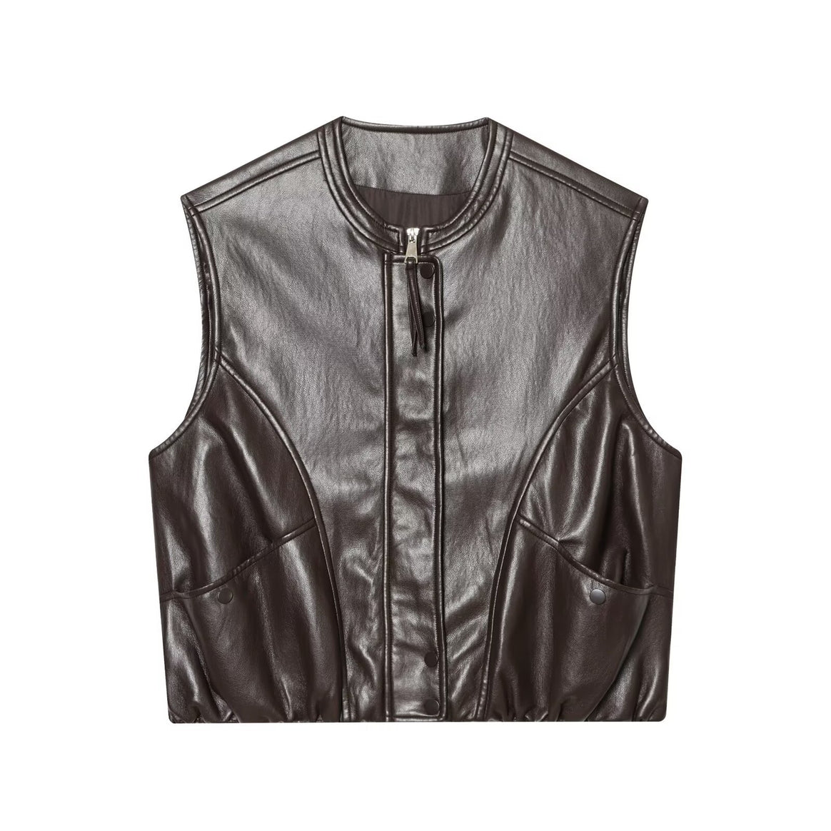 Women's Sleeveless Leather-Look Vest with Stand Collar, Two-Way Zipper and Flap Pockets Mune Fashion
