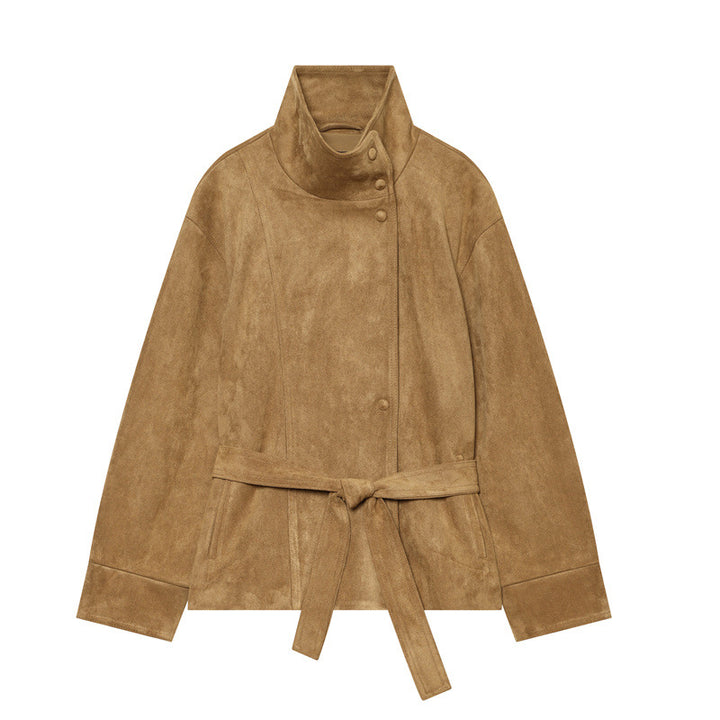Women's short jacket in boxy cut made of suede look with high stand-up collar and tie belt Mune Fashion