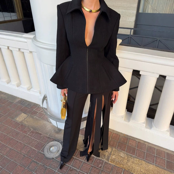 Women tailored zip blazer with peplum & structured shoulder Mune Fashion