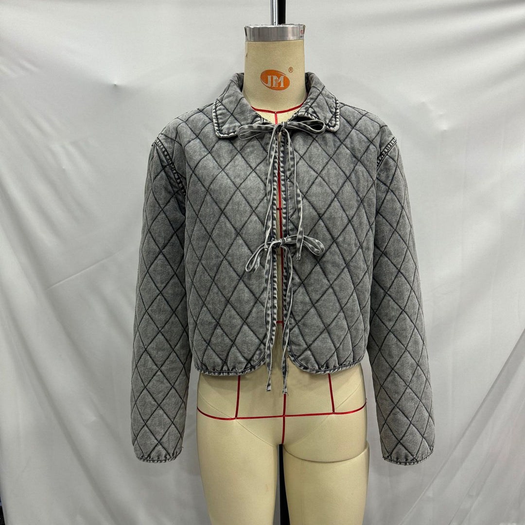 Women nan casual quilted denim look short jacket with diamond pattern and ties Mune Fashion