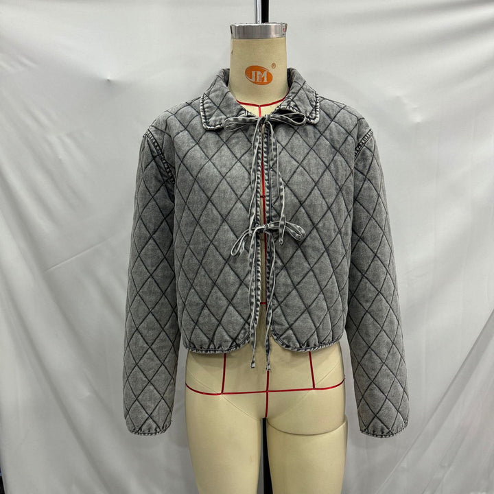 Women nan casual quilted denim look short jacket with diamond pattern and ties Mune Fashion