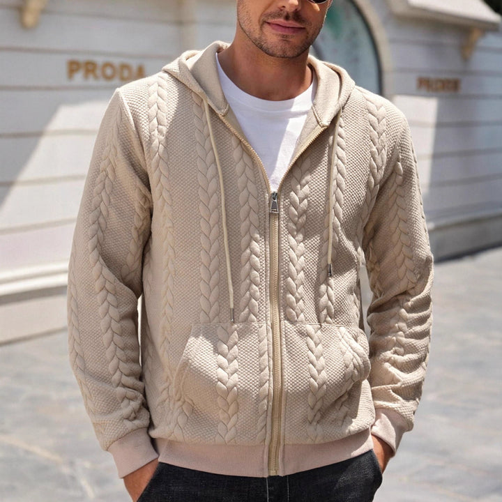 Men's knitted hooded sweat jacket with cable pattern, full zip and kangaroo pocket Mune Fashion