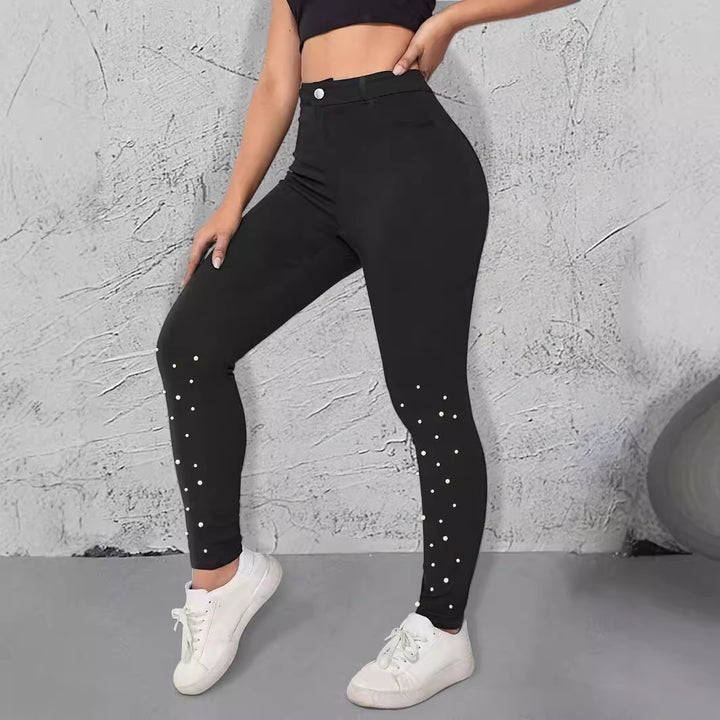 Women's High-Waist Stretch-Jeggings in Denim Look with Pearl Scatter Mune Fashion