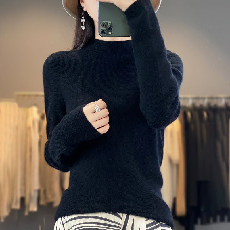Women's Premium Fine Knit Mock Neck Sweater with Extra Long Sleeve Cuffs and Fine Ribbed Texture Mune Fashion