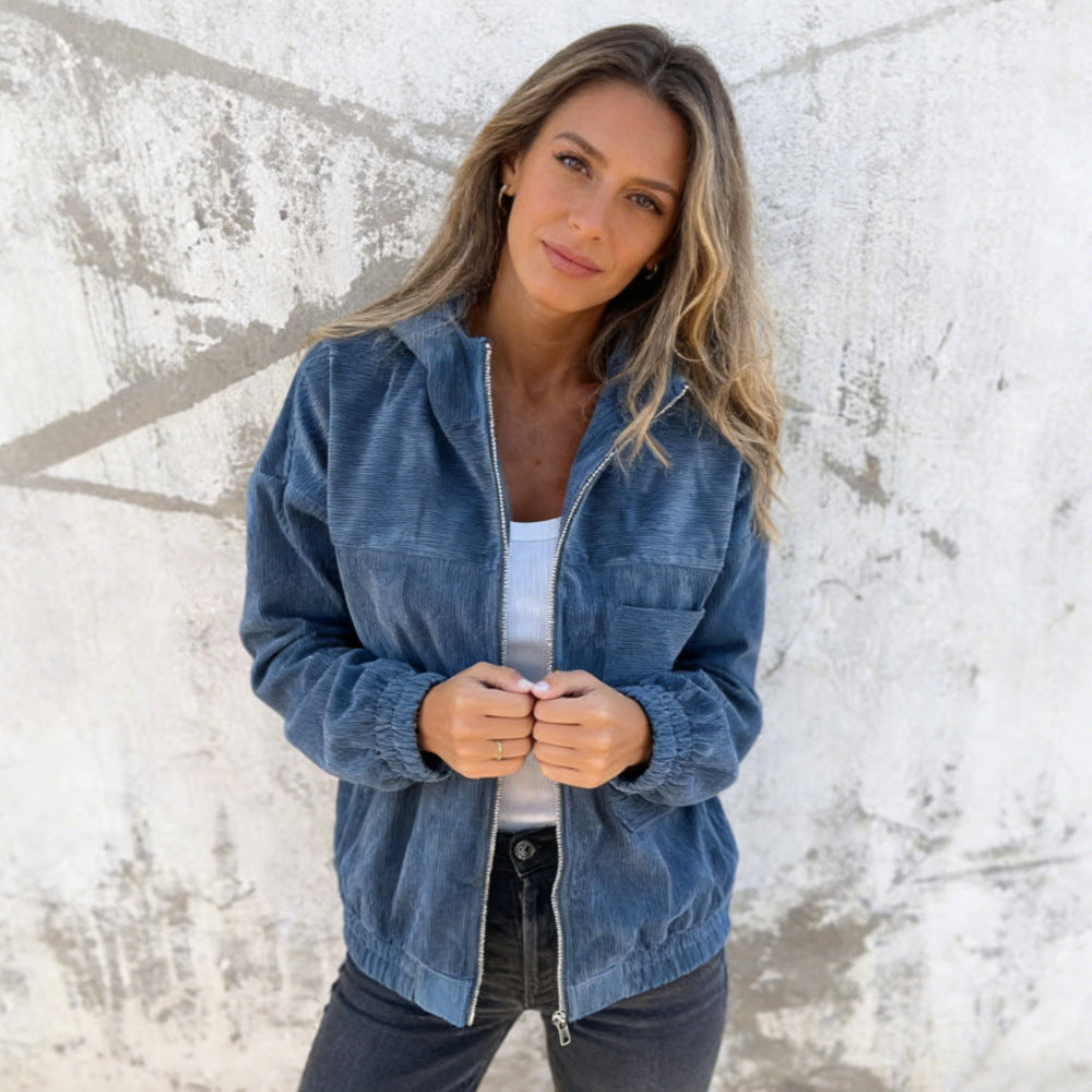 Women's fine corduroy transitional jacket with hood, zipper, elastic cuffs, and side insert pockets Mune Fashion