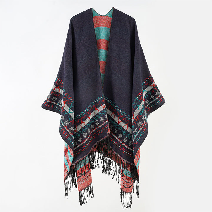 Women's Wool Blend Kimono Poncho with Norwegian Border and Fringe Mune Fashion
