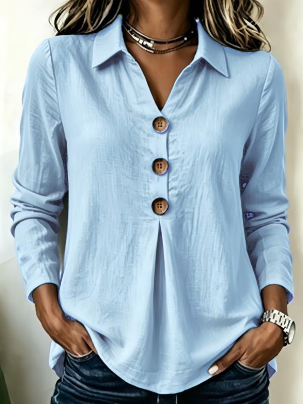 Women's Long Sleeve Shirt Blouse Top with Notched Collar and Decorative Button Placket Mune Fashion