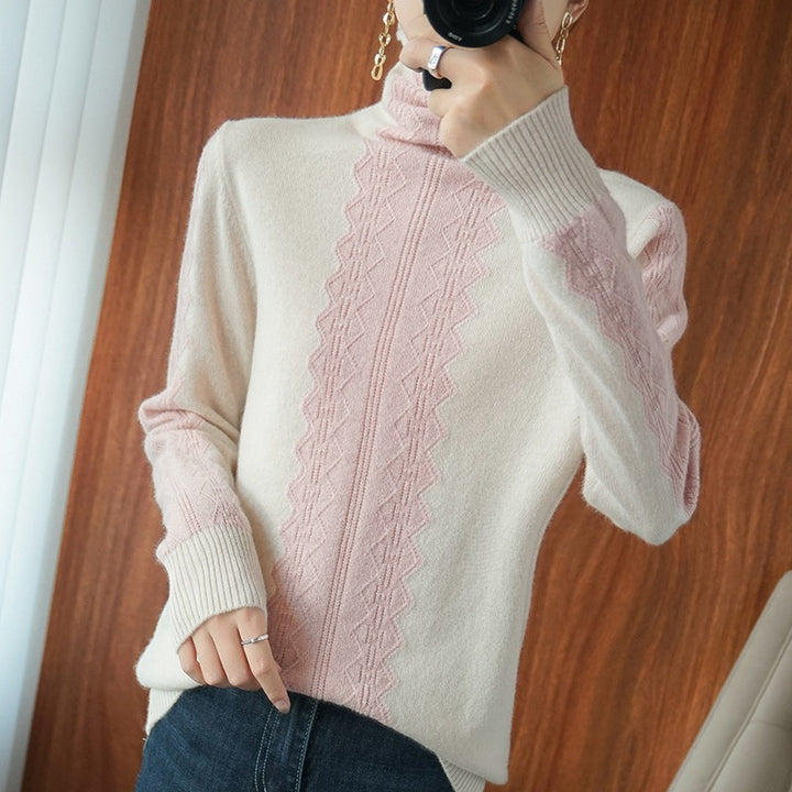 Women’s premium turtleneck sweater made of fine knit with centered lace cable structure Mune Fashion