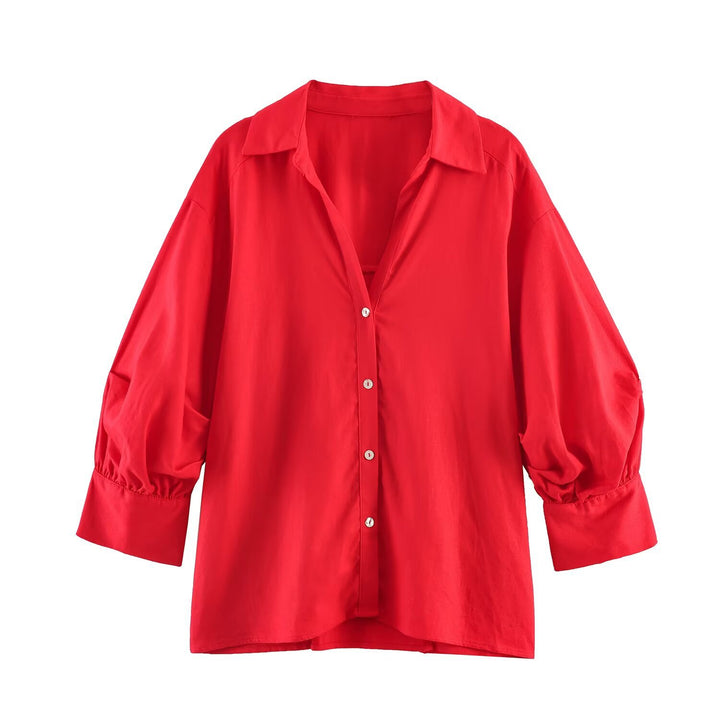 Women Oversize Blouse with Balloon Sleeves and Shirt Collar Mune Fashion