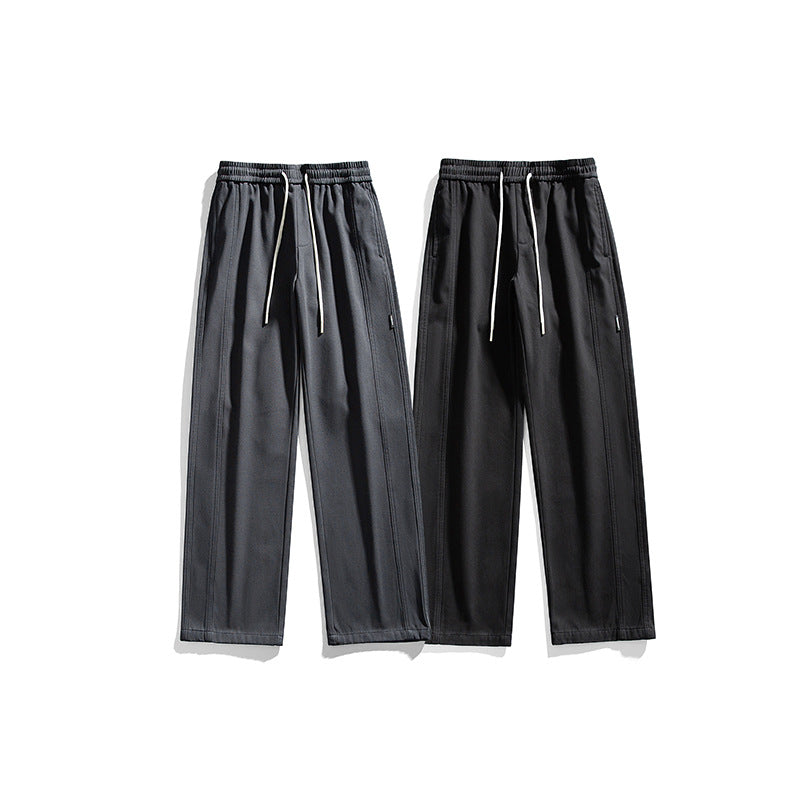 Men's Straight-Cut Casual Pants with Elastic Waistband, Drawstring and Decorative Stitching Mune Fashion