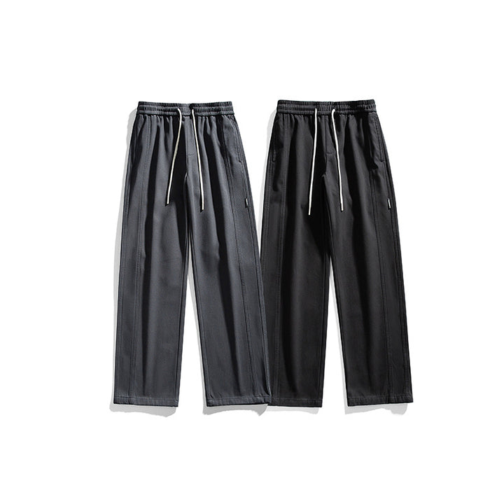 Men's Straight-Cut Casual Pants with Elastic Waistband, Drawstring and Decorative Stitching Mune Fashion