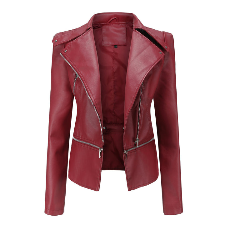 Women's fitted faux leather biker jacket with asymmetric lapel collar Mune Fashion