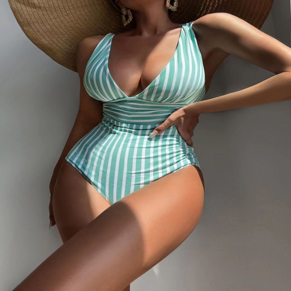 Women's swimsuit with deep V-neck and striped pattern Mune Fashion