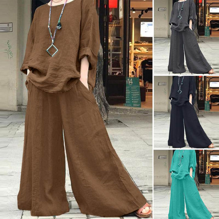 Women's Airy Linen Lounge Set with Boxy Tunic and Extra Wide Palazzo Pants Mune Fashion