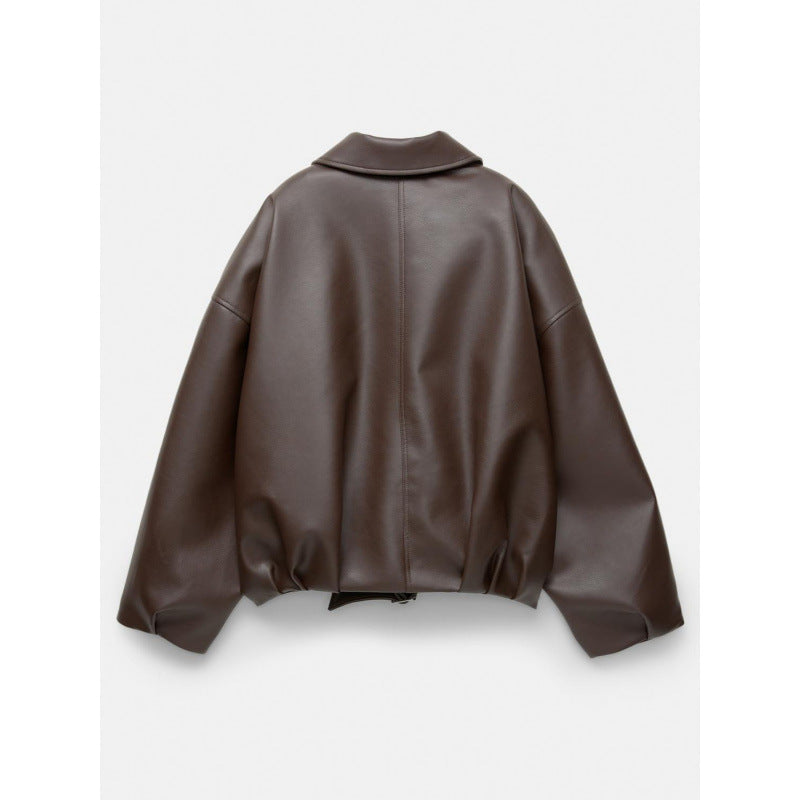 Women Oversized Leatherette Blouson with Waist Belt Mune Fashion