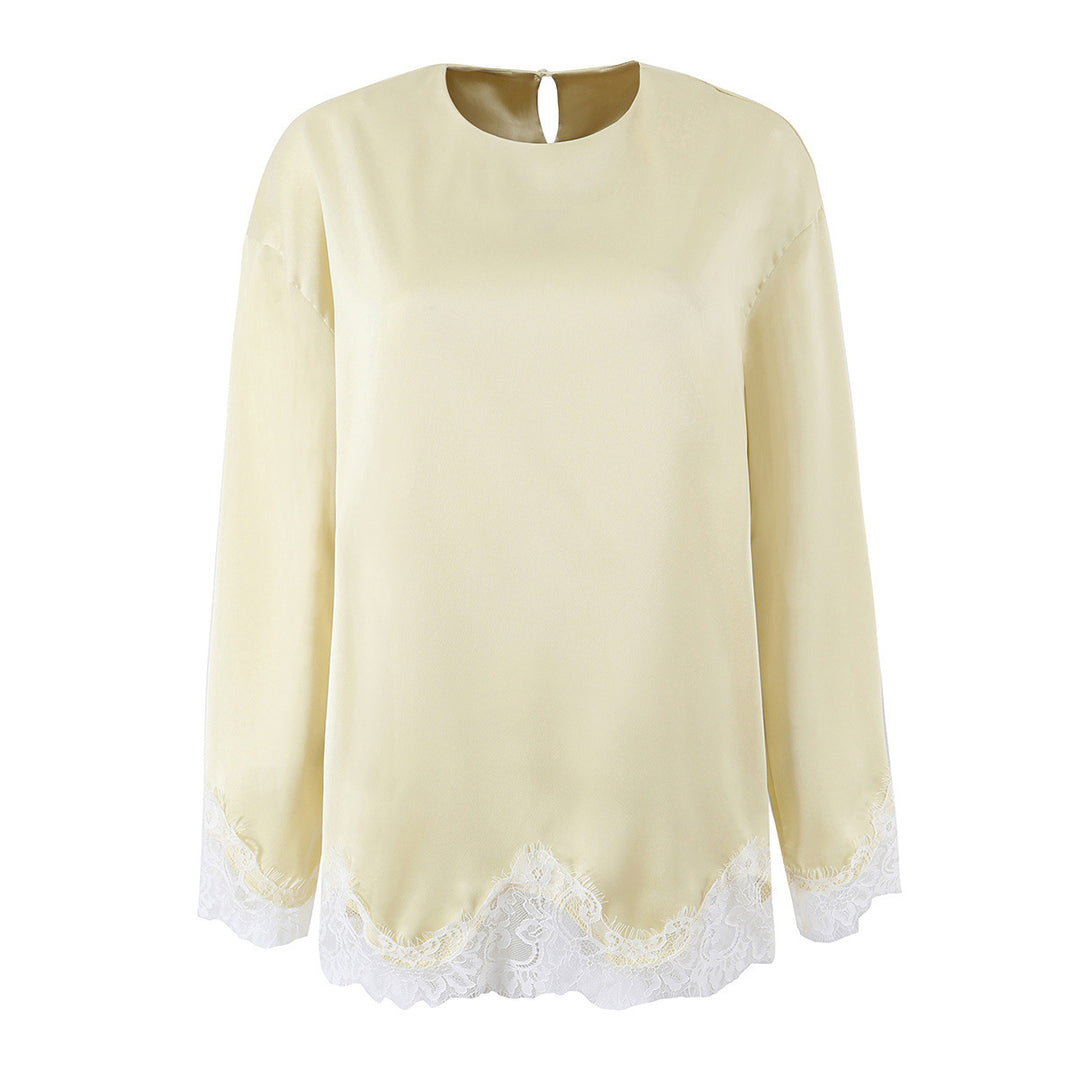 Ladies Elegant Loose Long Sleeve Blouse with Lace Trim at the Hem and Sleeves Mune Fashion