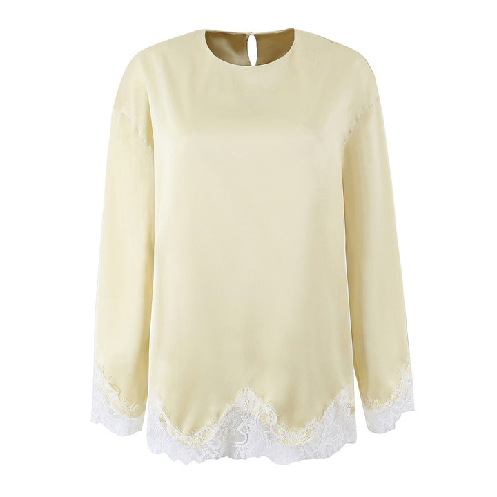 Ladies Elegant Loose Long Sleeve Blouse with Lace Trim at the Hem and Sleeves Mune Fashion