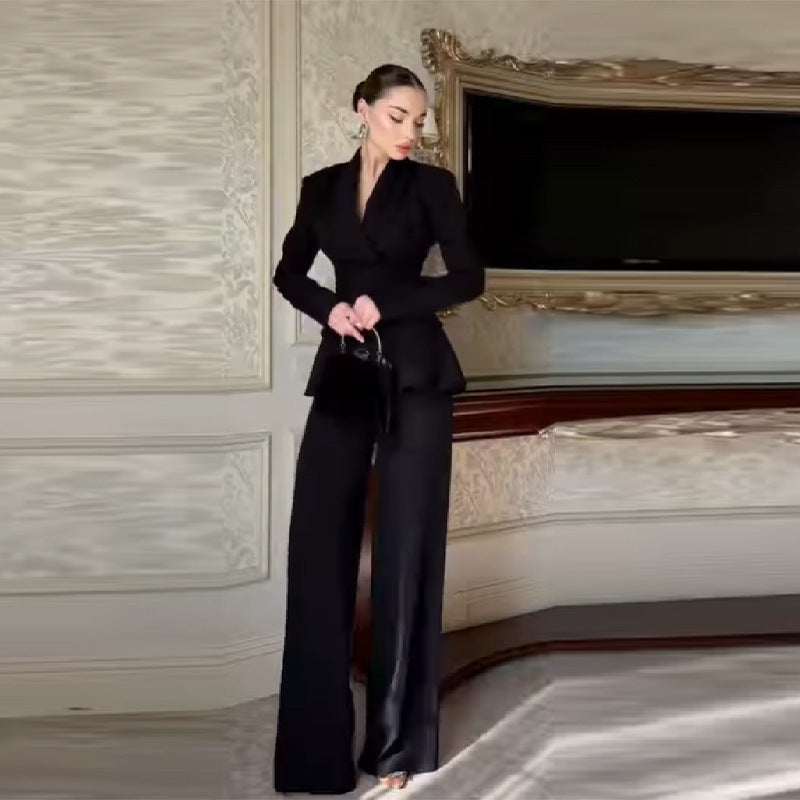 Women's Tailored Blazer Set with Peplum and Wide Marlene Pantsuit Mune Fashion