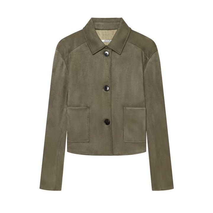 Ladies short-cut suede blazer with shirt collar and patch pockets Drune