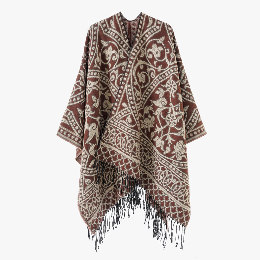 Women’s jacquard poncho with oriental ornament pattern and fringe hem Mune Fashion