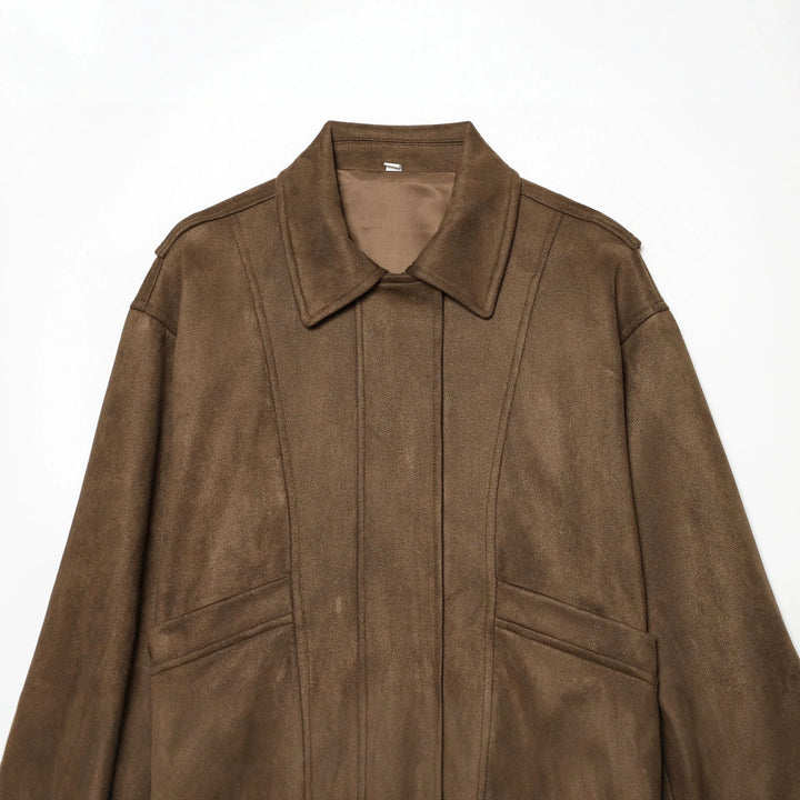 Women's cropped blouson jacket in suede look with shirt collar, epaulettes, and elastic waistband.