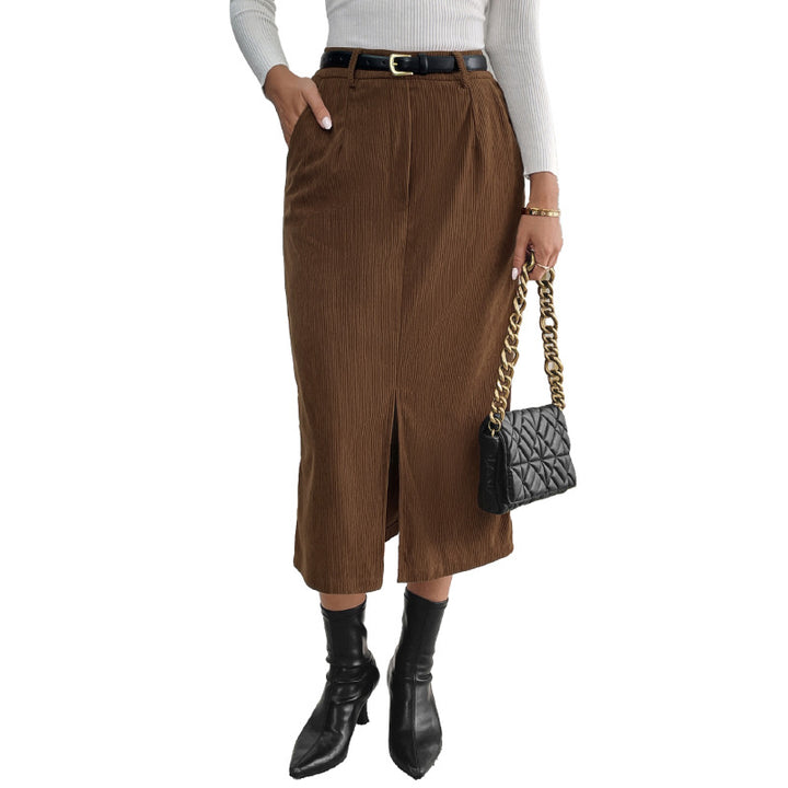 Women's Cord Midi Skirt with High Waist, Side Pockets, and Center Slit Mune Fashion