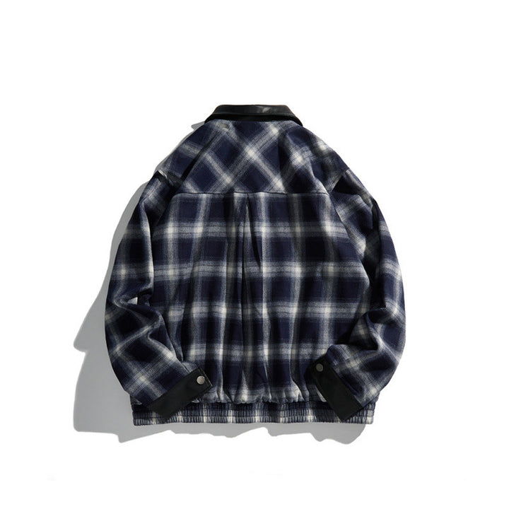Men's Boxy Checkered Shirt Jacket with Faux Leather Collar, Snap Button Closure and Leather Accents Mune Fashion