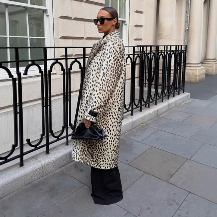 Women Mid-length Faux Fur Coat with Distinctive Spot Pattern and Lapel Collar Mune Fashion