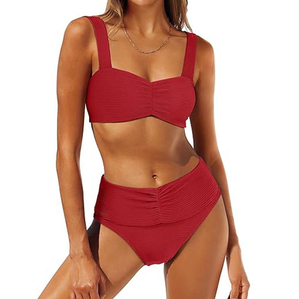 Women's High-Waisted Bikini Set with Fashionable Gathering Mune Fashion