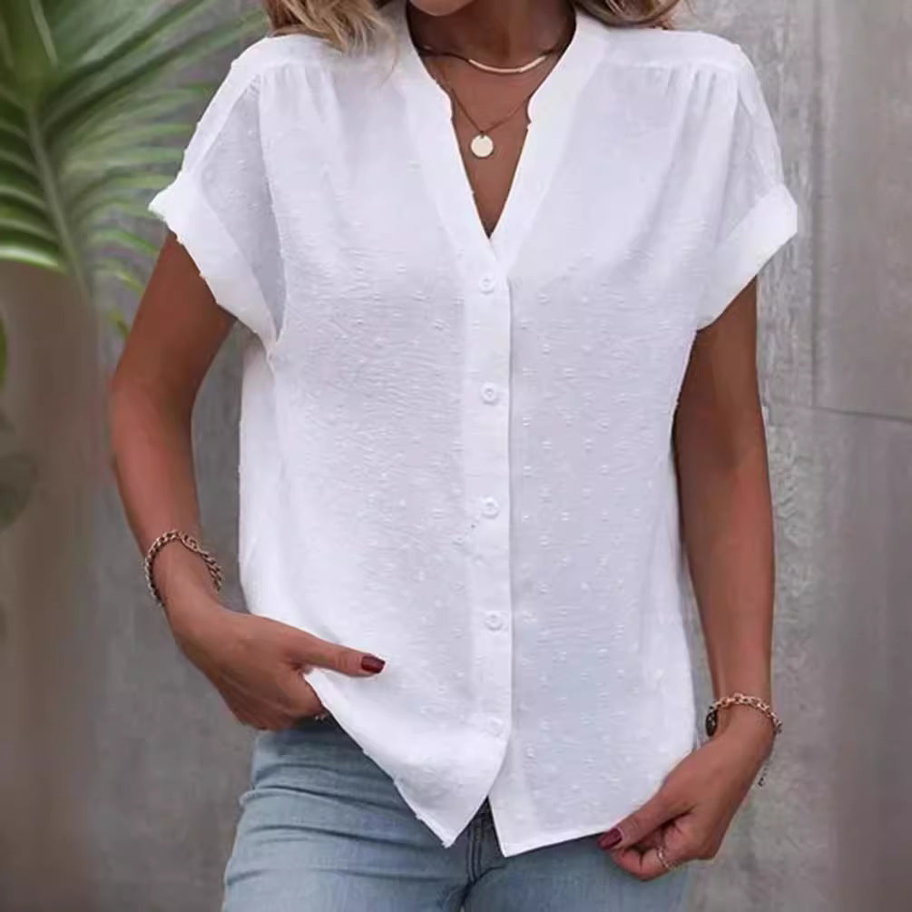 Ladies airy V-neck front button blouse with dobby dots and roll-up short sleeves Mune Fashion