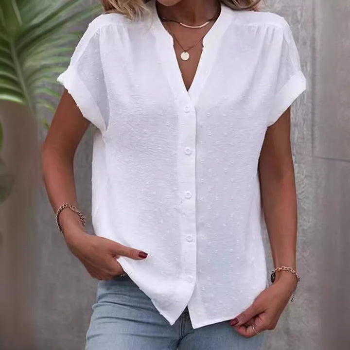 Ladies airy V-neck front button blouse with dobby dots and roll-up short sleeves Mune Fashion