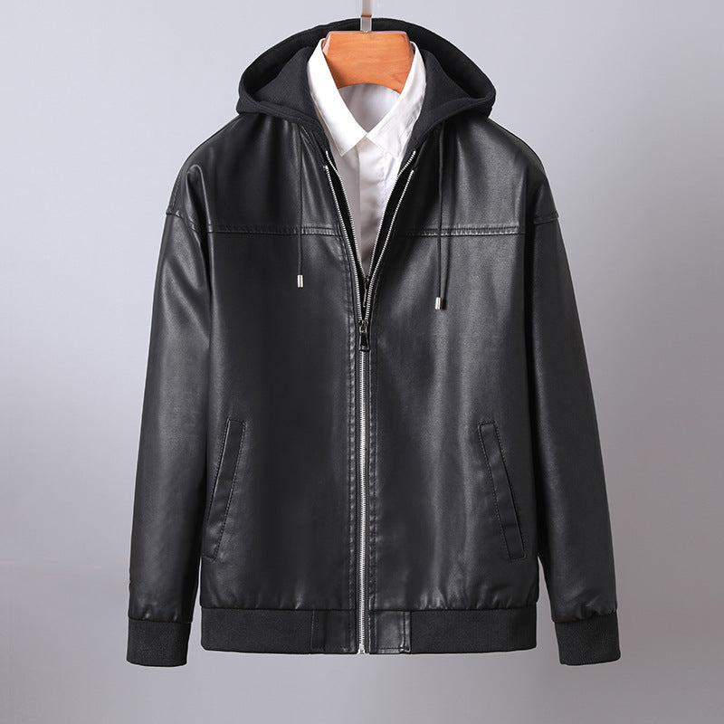 Men's faux leather bomber-style hooded jacket with full zip and ribbed cuffs Mune Fashion