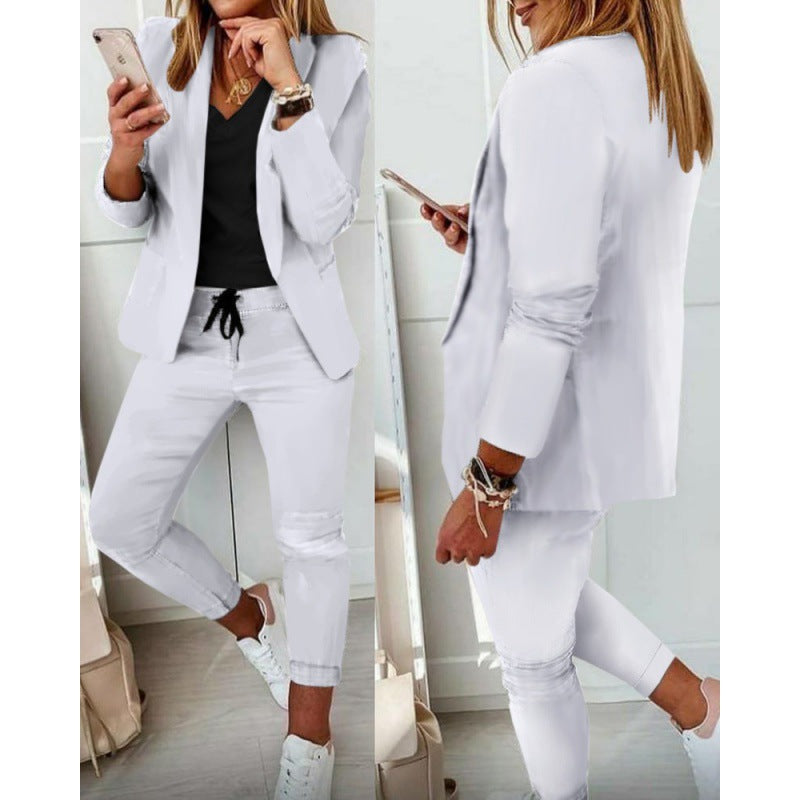 Women's Two-Piece Stretch Jersey Blazer Set with Drawstring Jogging Pants Mune Fashion