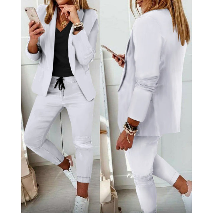 Women's Two-Piece Stretch Jersey Blazer Set with Drawstring Jogging Pants Mune Fashion