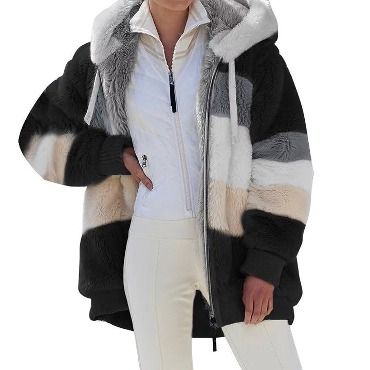 Women's oversized faux fur patchwork hooded jacket with ribbed cuffs and two-way zip Mune Fashion