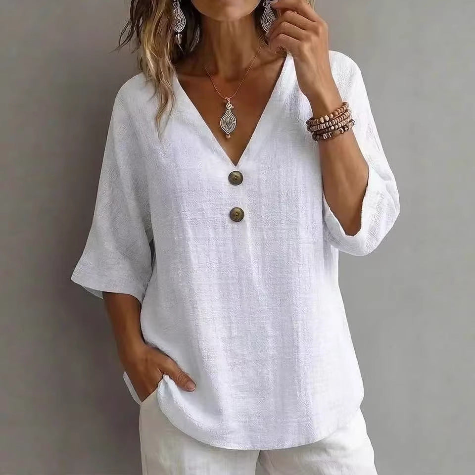 Women's Casual V-Neck Top with Button Details Mune Fashion