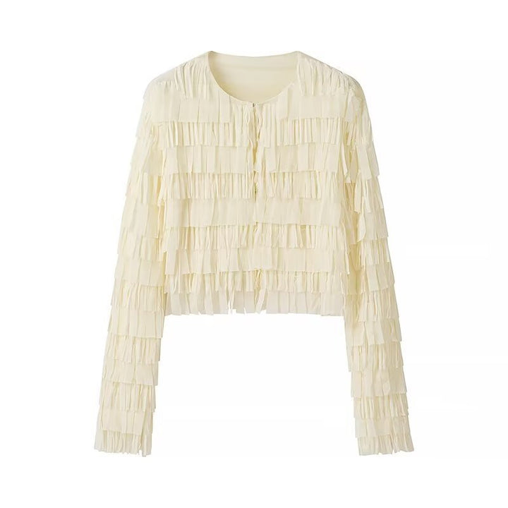 Women's Cropped Fringed Jacket with Layered Fringe and Tie Band Mune Fashion